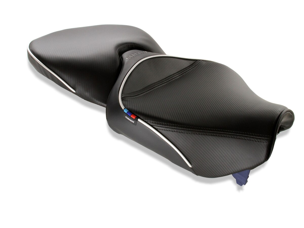 Sargent aftermarket motorcycle seat on the BMW R1300 RT 2026+ with the Non-Standard upholstery treatment with CFX and Silver welt.